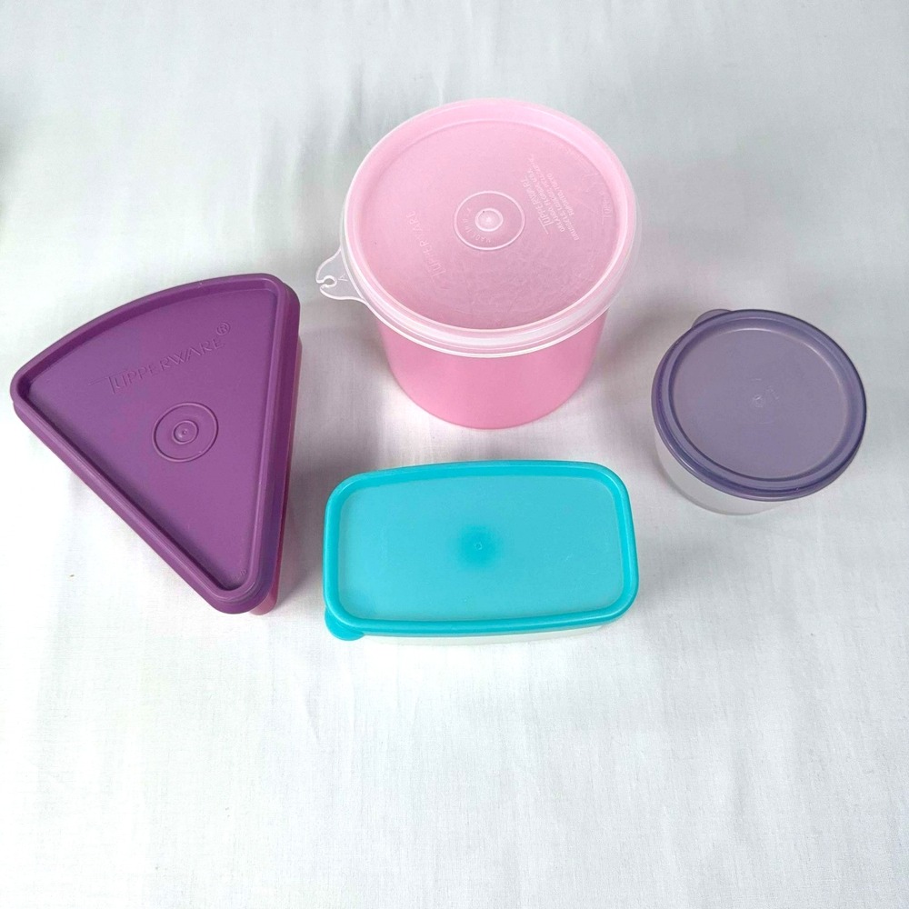 Tupperware Lot 4 Small Containers Purple Pink Aqua Vintage Storage Lids